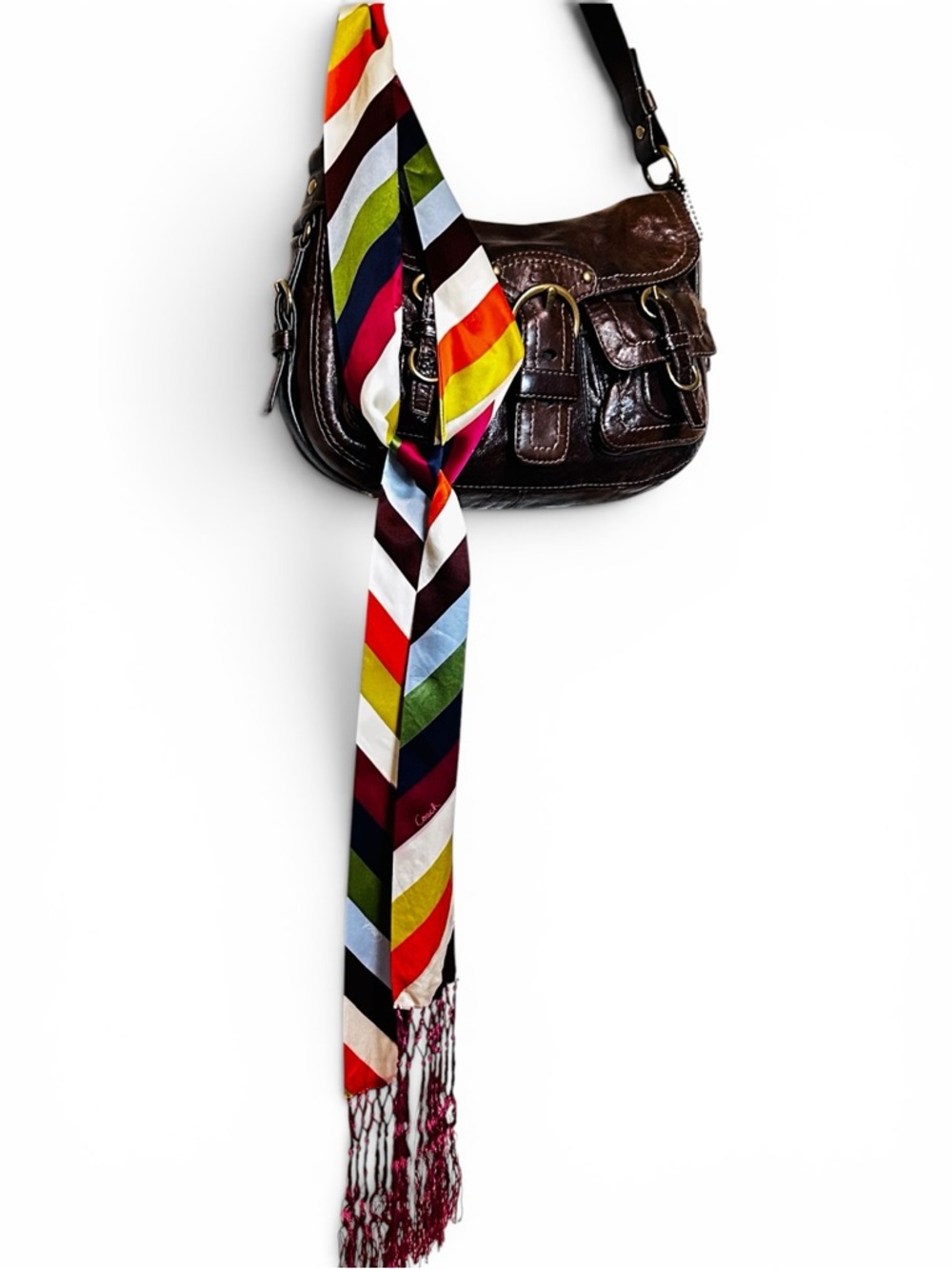 COACH Legacy Stripe Knotted Tassel Fringe Silk Scarf - Picture 6 of 8